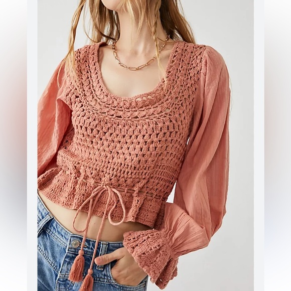 NWOT Free People Megan Crochet Top Coastal Grandma Resortwear Size L - Picture 2 of 10